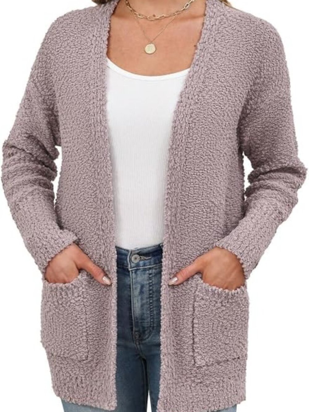 Womens Popcorn Fuzzy Knit Cardigan Open Front Long Sweaters for Fall Winter